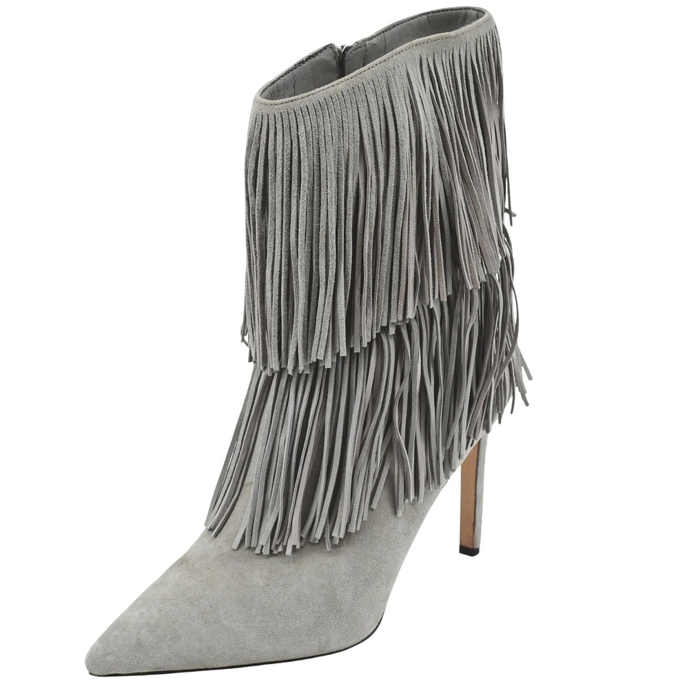 Sam Edelman Grey Suede Fringe Pointed Toe Stiletto Ankle Boots Women 10 Festival
